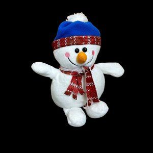 Snowman Plush Winter Stuffed Animal Red Scarf Blue Hat Smiley Face Toy 10” Cute